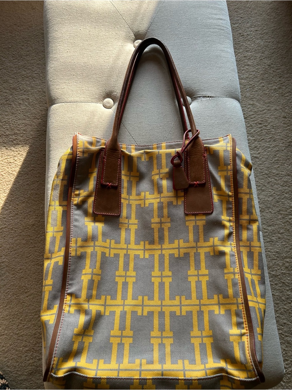 Yellow and Gray Patterned Tote with Brown Trim